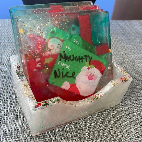 XMAS Handmade Fun and Festive Holiday Square Coaster Set and Holder - Picture 16 of 16